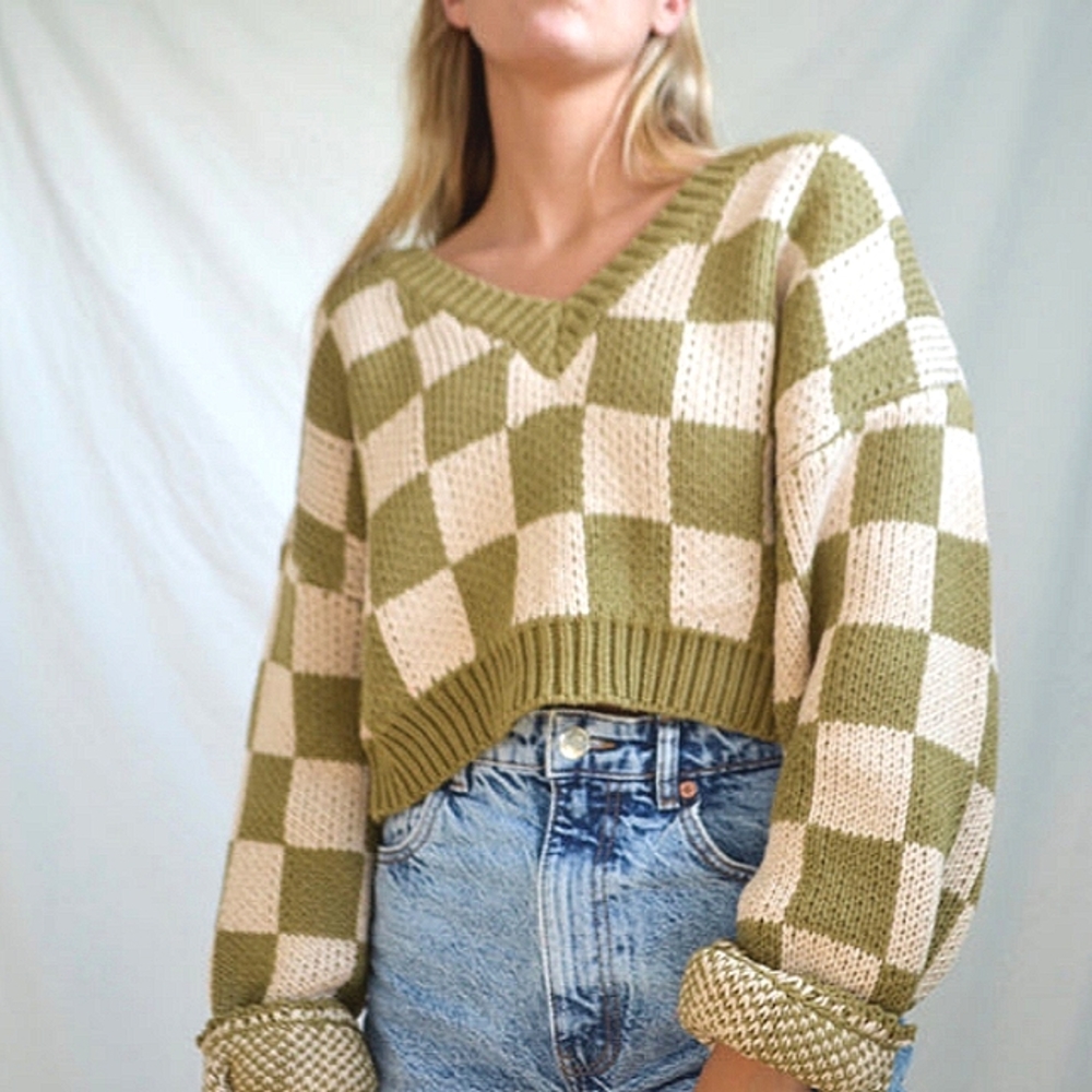AFTER SCHEX Puff Balloon Sleeve Check Chunky V-Neck Crop Oversized Sweat… - Picture 1 of 12